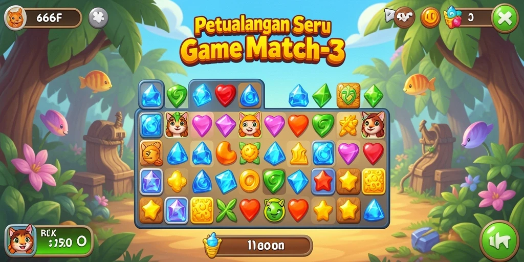Tangkapan layar gameplay 666F menampilkan aksi seru mencocokkan permata.