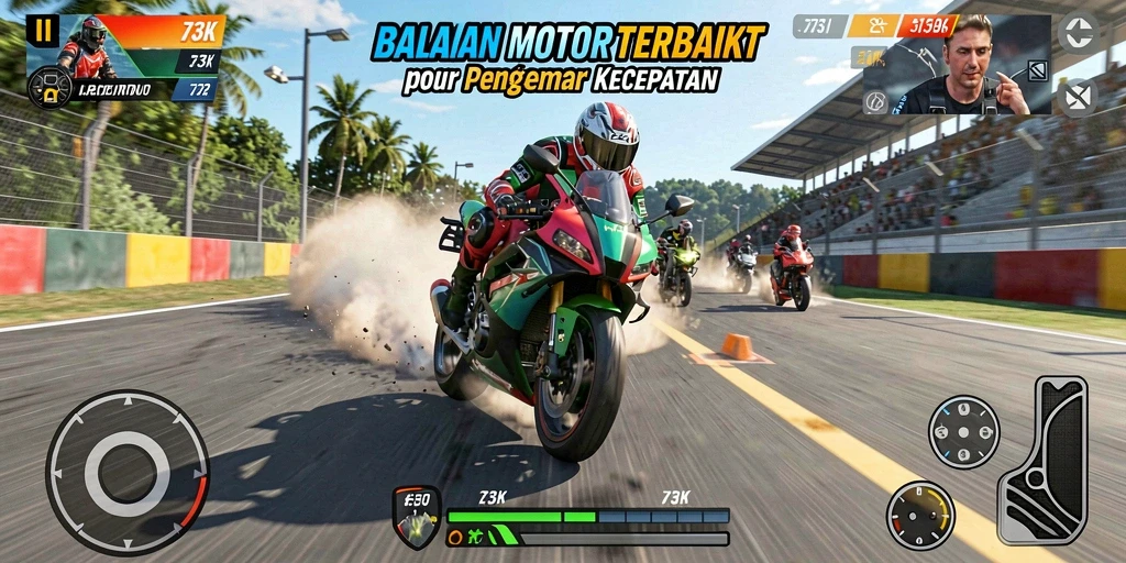 Screenshot gameplay <strong>73K</strong> menunjukkan suasana balapan yang mendebarkan.