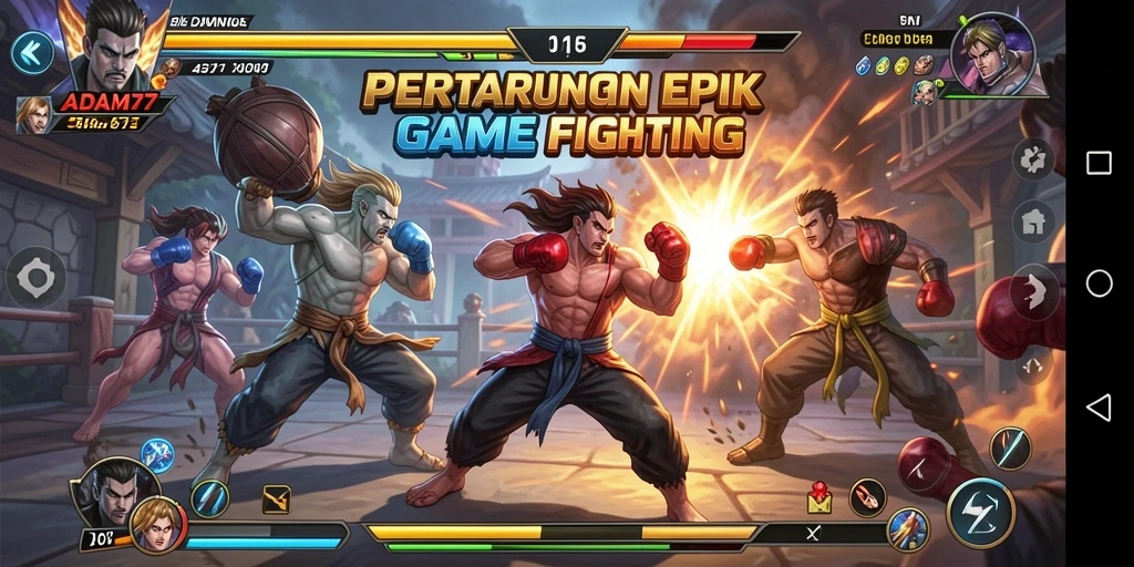 Screenshot utama ADAM77 menampilkan aksi pertarungan yang seru dan mendebarkan.