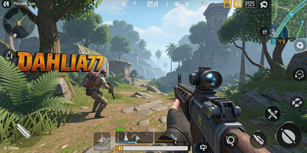 Tampilan gameplay seru dalam DAHLIA77 dengan aksi tembak-menembak.