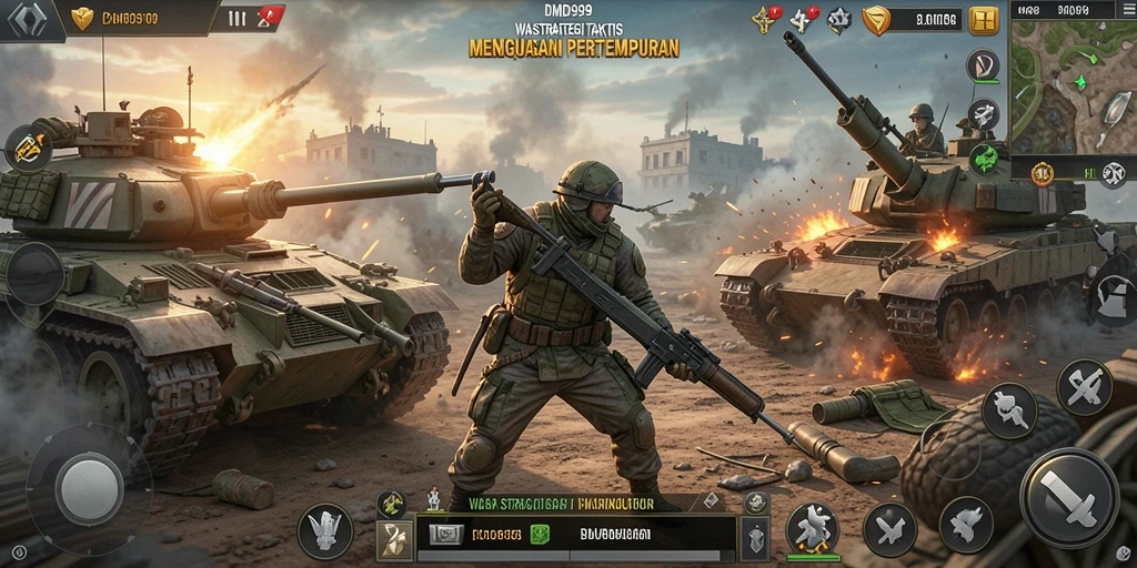 Tangkapan layar gameplay DMD999 yang menunjukkan strategi pertempuran yang intens.