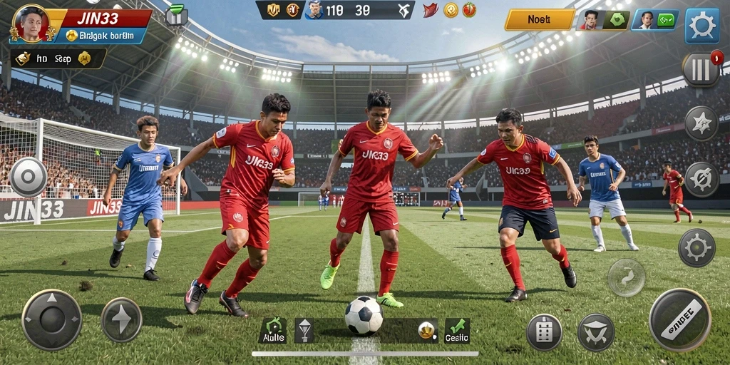 Screenshot gameplay JIN33 menampilkan aksi sepak bola mendebarkan.
