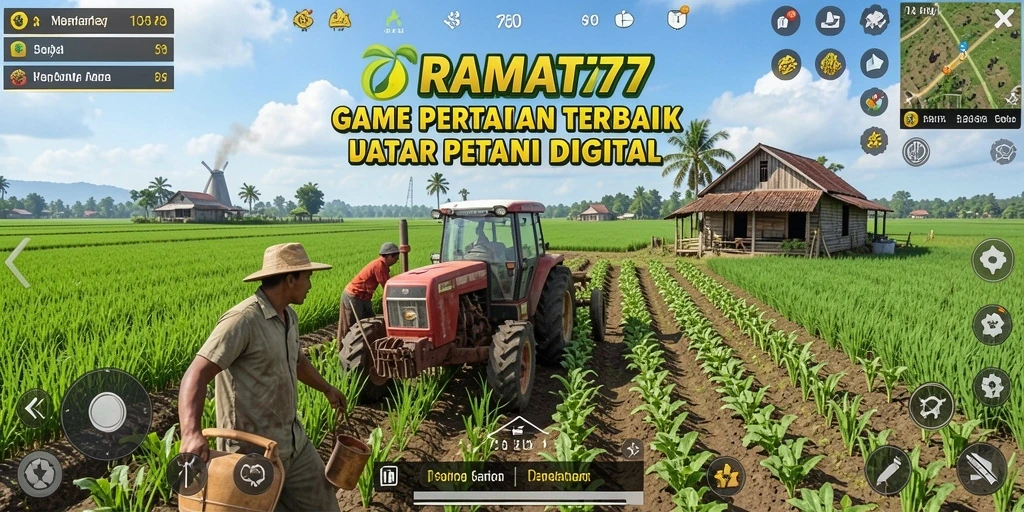Gameplay KRAMAT77 yang menggembirakan menampilkan ladang subur dan hewan ternak.