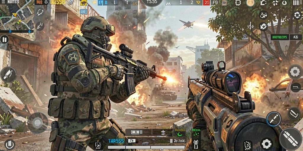 Tampilan gameplay epik dari TAR555 yang menampilkan aksi tembak-menembak.