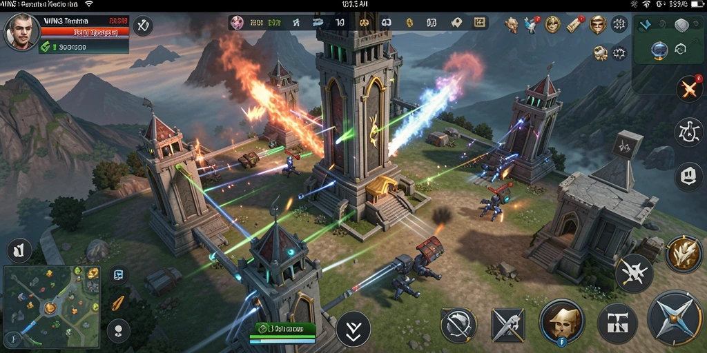 Tampilan gameplay WIN33 yang menarik dengan menara dan musuh.